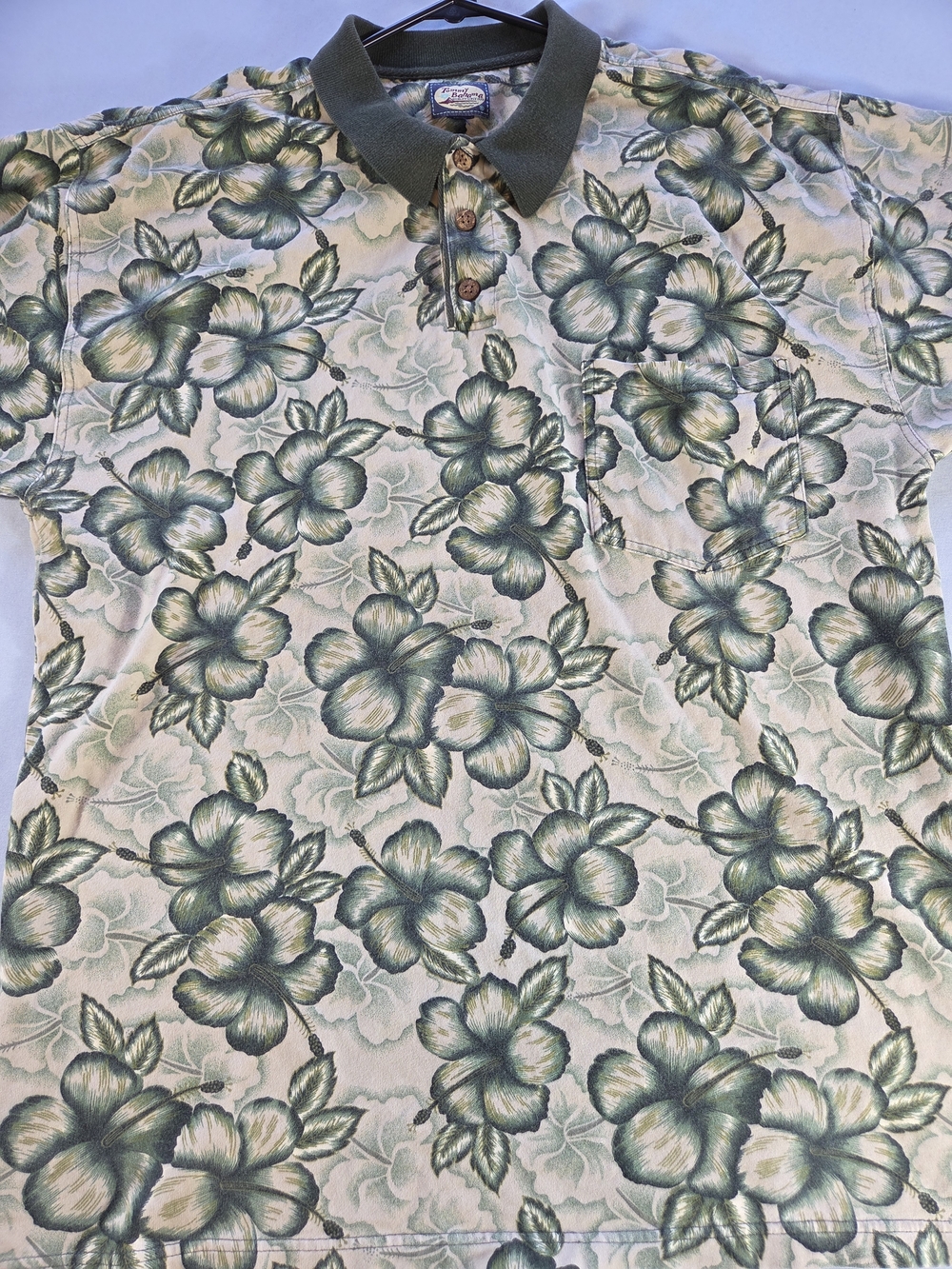 Tommy Bahama Polo Shirt Mens L Green Floral Hawaiian Short Sleeve Pocket